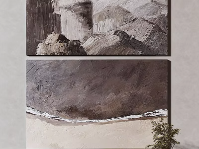 Abstract Mountain And Beach Paintings With Small Plant For Modern Home Decor 3d model