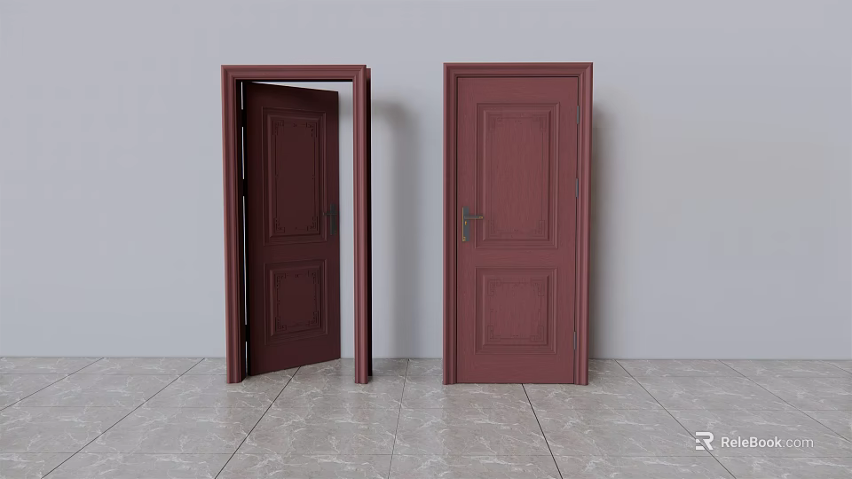 Dark Red Paneled Hinged Doors Open and Closed on Grey Wall Floor Background 3d model