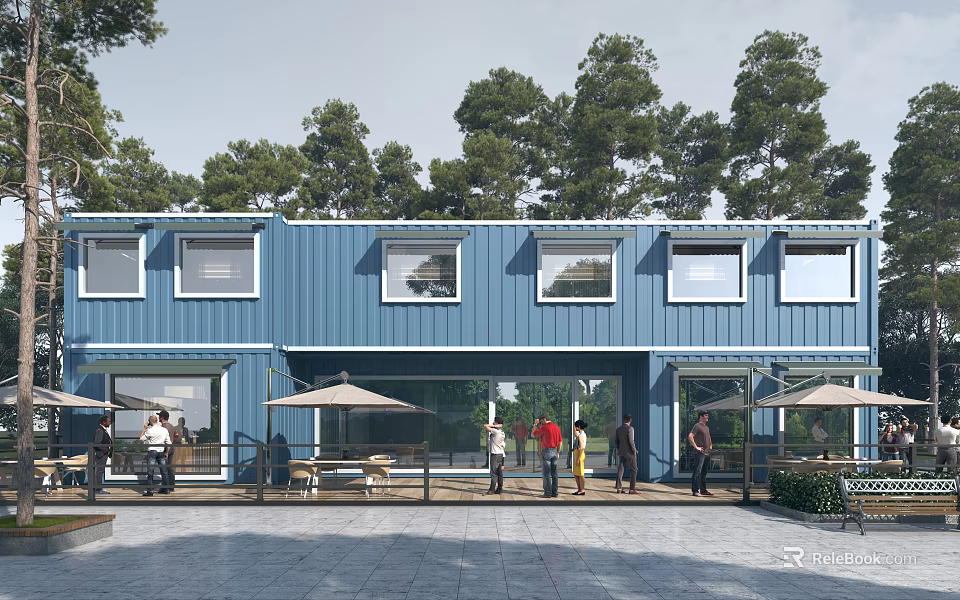 Blue Container Building With Multiple Windows Outdoor Area And People Gathering In Tree Surroundings 3d model 