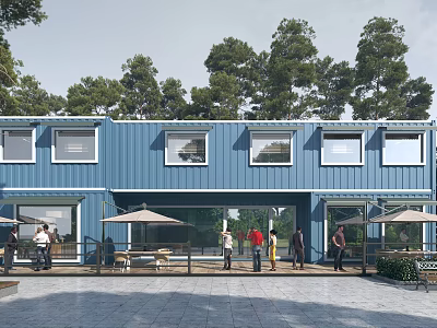 Blue Container Building With Multiple Windows Outdoor Area And People Gathering In Tree Surroundings 3d model