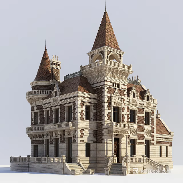 Classical European Style Residential Building With Tall Spires And Ornate Balconies 3d model 