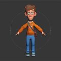 Cartoon Boy Character In Orange Hoodie Blue Pants Green Shoes With Brown Bag On Dark Background