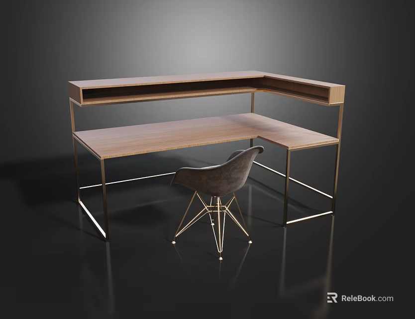 Modern L Shaped Desk With Wooden Top Metal Frame And Comfortable Chair 3d model 
