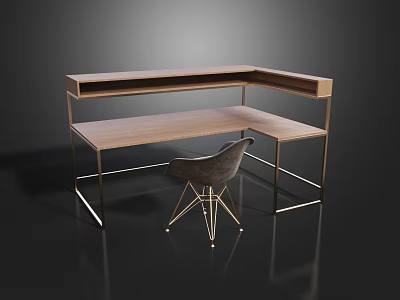 Modern L Shaped Desk With Wooden Top Metal Frame And Comfortable Chair 3d model