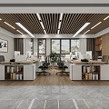Modern Office Interior With Wooden Ceiling Workstations Greenery And Large Windows 3d model