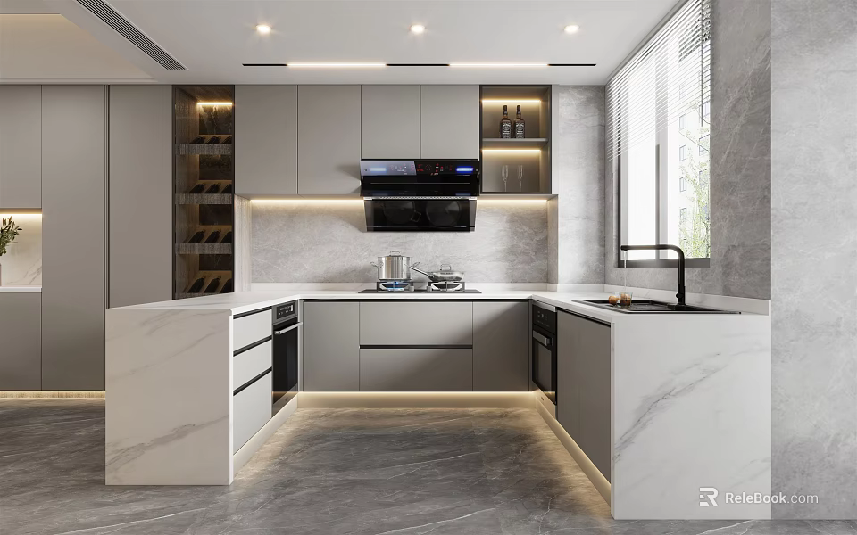 Modern Kitchen Interior With Marble Countertops Island Cabinets And Appliances 3d model 