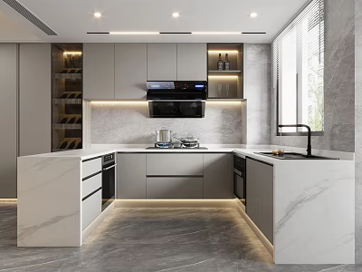 Modern Kitchen Interior With Marble Countertops Island Cabinets And Appliances 3d model