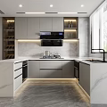 Modern Kitchen Interior With Marble Countertops Island Cabinets And Appliances