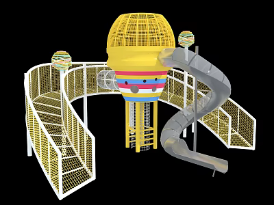 Fun Playground Equipment With Yellow Main Structure Colorful Stripes Netted Fences And Spiral Slide 3d model