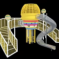 Fun Playground Equipment With Yellow Main Structure Colorful Stripes Netted Fences And Spiral Slide