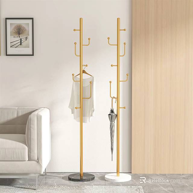 Golden Standing Coat Rack With White Clothes And Umbrella In Modern Interior Room 3d model 