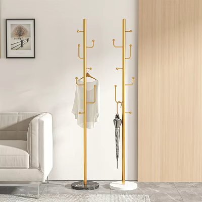 Golden Standing Coat Rack With White Clothes And Umbrella In Modern Interior Room 3d model