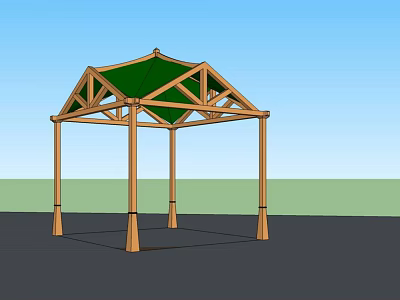 Wooden Gazebo Structure With Green Canopy And Supporting Pillars Against Blue Sky 3d model