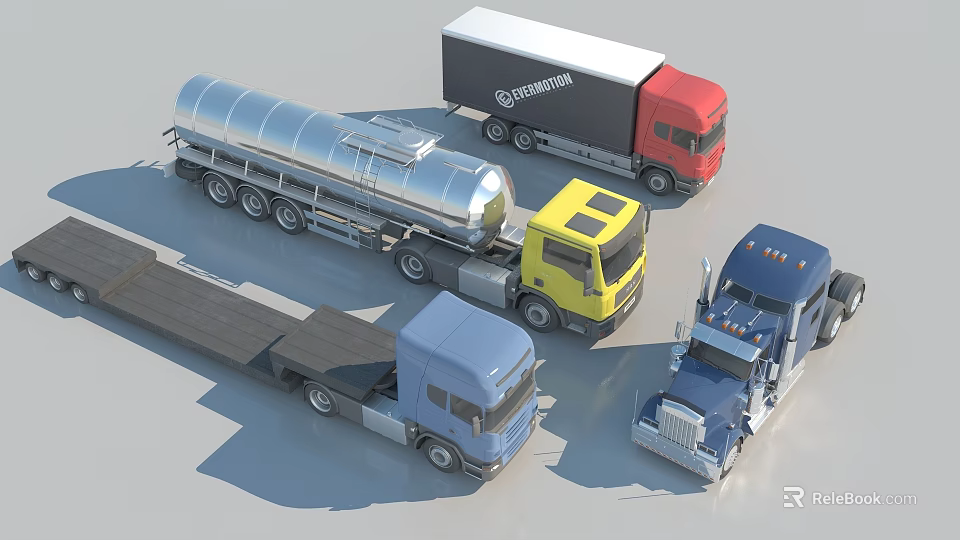 Various Commercial Utility Trucks Including Tanker Box Van Flatbed And Cargo Models 3d model