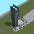 Modern Tall Office Building With Glass Facade And Base Structure Surrounded By Green Lawn Area