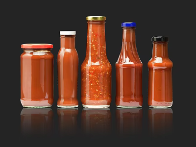Various Shaped Condiment Bottles With Red Sauce And Different Lids On Black Background 3d model