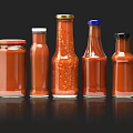 Various Shaped Condiment Bottles With Red Sauce And Different Lids On Black Background