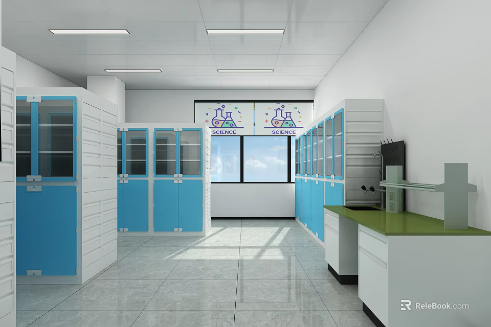 Modern Laboratory Interior With Blue Cabinets Green Countertops Windows And Chemical Symbols 3d model 