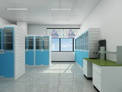 Modern Laboratory Interior With Blue Cabinets Green Countertops Windows And Chemical Symbols 3d model