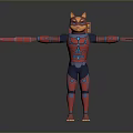 3D Feline Character In Red And Blue Outfit With Mechanical Arm And Outstretched Arms