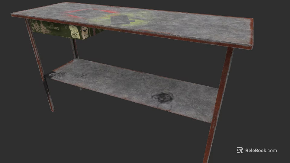 Vintage Industrial Workbench With Worn Surface Graffiti Design And Two Tier Metal Shelves 3d model 