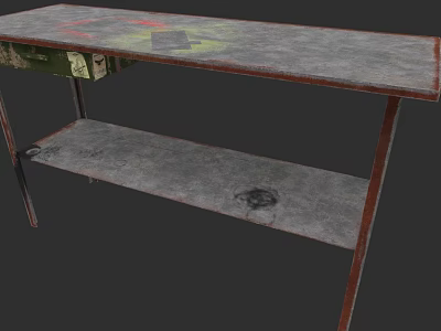 Vintage Industrial Workbench With Worn Surface Graffiti Design And Two Tier Metal Shelves 3d model