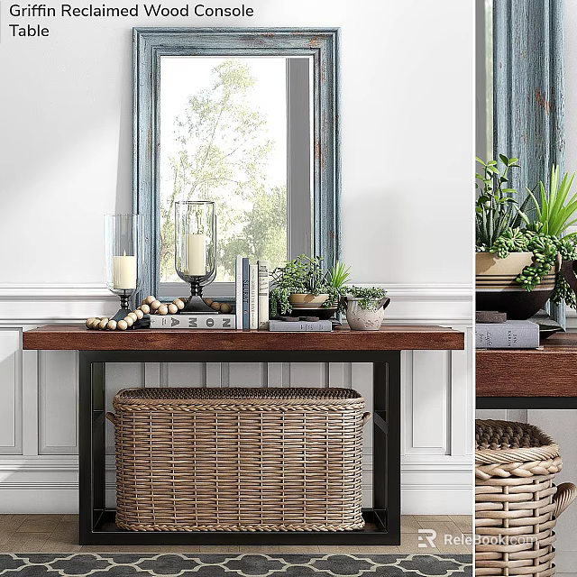 Wooden Dining Table Decorated With Candles Books And Small Plants Near Window With Woven Basket 3d model 