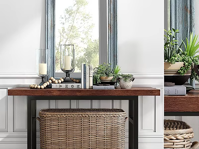 Wooden Dining Table Decorated With Candles Books And Small Plants Near Window With Woven Basket 3d model
