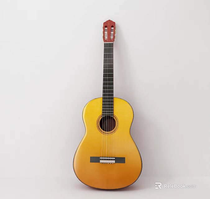 Classical Acoustic Guitar With Wooden Body And Yellow Brown Gradient Hanging On White Wall 3d model 