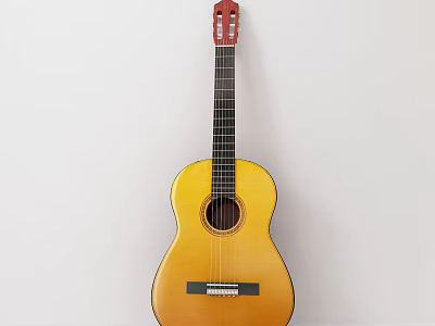Classical Acoustic Guitar With Wooden Body And Yellow Brown Gradient Hanging On White Wall 3d model