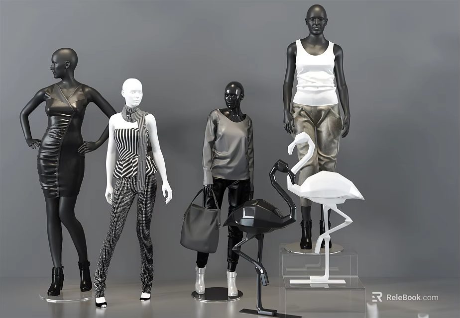 Shop Window Display Featuring Fashion Mannequins Clothing Handbags And Flamingo Decor 3d model 