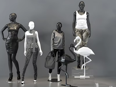 Shop Window Display Featuring Fashion Mannequins Clothing Handbags And Flamingo Decor 3d model