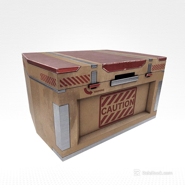 Brown Crate with Red Top Caution Sign Warning Stripes and Metal Fittings 3d model 