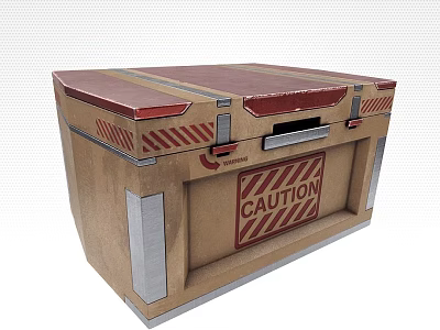 Brown Crate with Red Top Caution Sign Warning Stripes and Metal Fittings 3d model