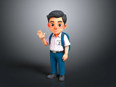Cheerful Cartoon Boy Waving Hand With Schoolbag And Student Uniform 3d model