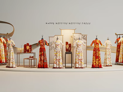 Elegant Traditional Wedding Dresses In Red And White With Embroidery On 3d model