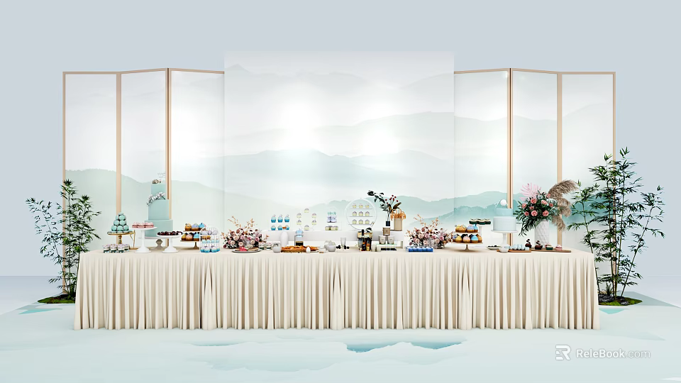 Elegant Tea Break Area Setup With Pastries Drinks And Fresh Flower Decorations 3d model 