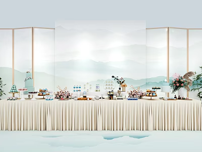 Elegant Tea Break Area Setup With Pastries Drinks And Fresh Flower Decorations 3d model