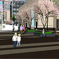 Bustling Urban Commercial Street With Pedestrians Modern Buildings Pedestrian Bridge And Trees