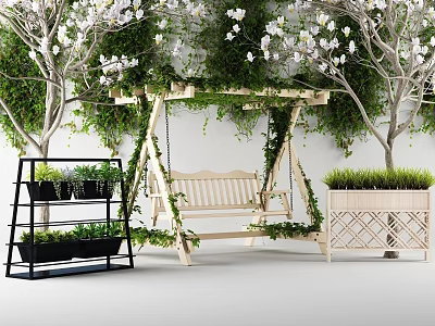 Outdoor Play Equipment Wooden Swing Surrounded By Pergola Vines Green Plants And Flowering Trees 3d model