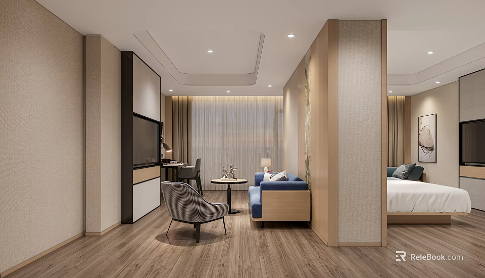 Modern Hotel Guest Room Interior With Bed Sofa TV Wooden Floor And Curtains 3d model 