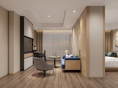 Modern Hotel Guest Room Interior With Bed Sofa TV Wooden Floor And Curtains 3d model