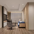 Modern Hotel Guest Room Interior With Bed Sofa TV Wooden Floor And Curtains
