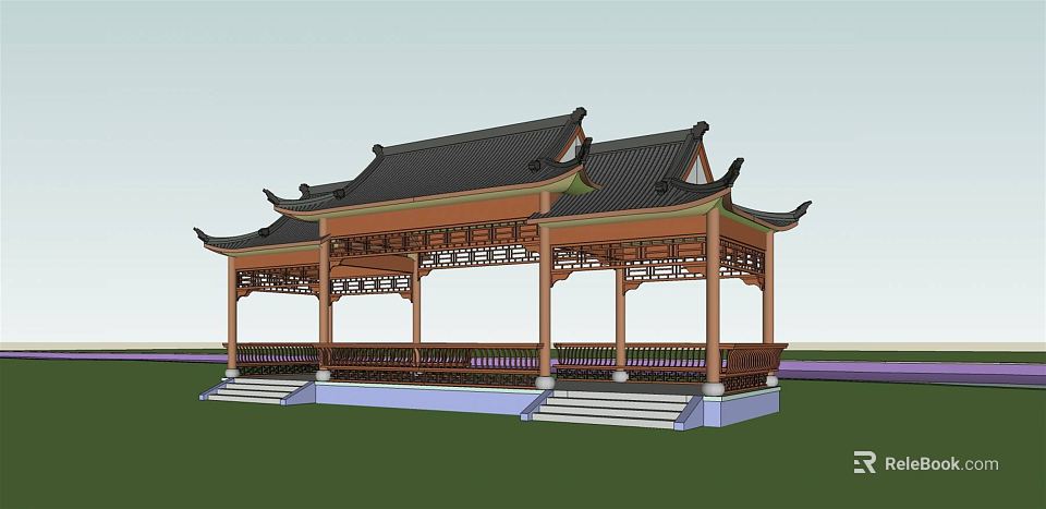 Chinese Traditional Pavilion With Black Tiled Roof Wooden Carved Structure And Stone Steps 3d model 