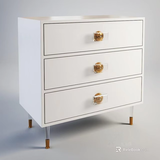 Modern White Dresser Design With Three Drawers Gold Knobs And Gold Legs 3d model 