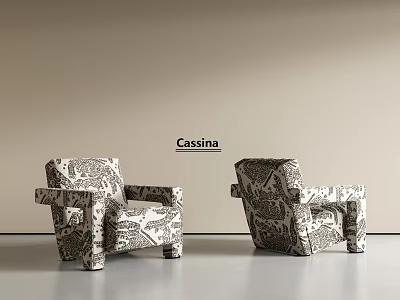 Cassina Two Black And White Patterned Armchairs In Modern Interior Design 3d model