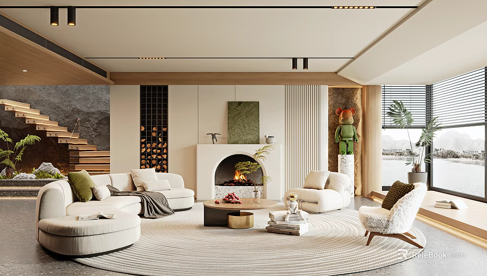 Modern Living Room Interior With Sofa Fireplace Area Rug And Decorative Artwork 3d model 