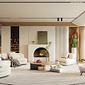 Modern Living Room Interior With Sofa Fireplace Area Rug And Decorative Artwork