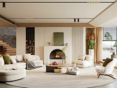 Modern Living Room Interior With Sofa Fireplace Area Rug And Decorative Artwork 3d model