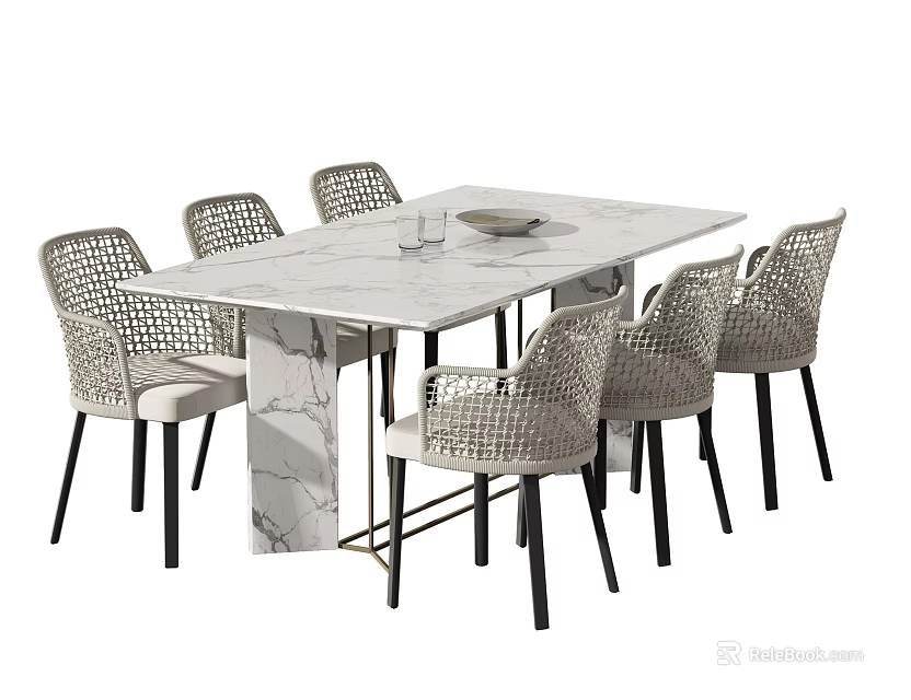 Modern Rectangular Marble Top Dining Table Set With Woven Light Gray Chairs And Black Legs 3d model